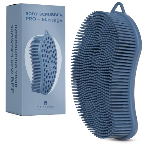 MainBasics Silicone Body Scrubber Dual-Sided, Dark Blue, Massage | Shower Scrubber with Massage Nodes, Silicone Loofah Alternative for Deep Clean - color: Dark Blue, size: Massage