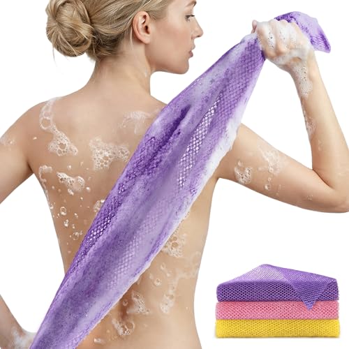 African Bath Sponge African Net Long Net Bath Sponge Exfoliating Shower Body Scrubber Back Scrubber Skin Smoother,Great for Daily Use (Purple,Yellow,Pink) ，3 Pack - color: Purple,yellow,pink