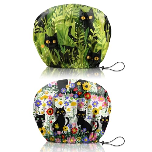 2 PCS Shower Cap Reusable Waterproof Double Layers Hair Caps Shower Bath Adjustable Elastic Hat for Women Girls Cute Aesthetic-Grass Black Cat - color: AI14-Grass Black Cat