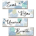 Pinkunn 4 Pcs 11 x 3.5 Inches Ocean Beach Bathroom Wall Decor Coastal Bathroom Decor Wood Relax Soak Unwind Breathe Wall Art Starfish Seashell Coral Nautical Art Rustic Farmhouse Wooden Signs