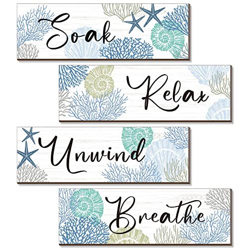 Pinkunn 4 Pcs 11 x 3.5 Inches Ocean Beach Bathroom Wall Decor Coastal Bathroom Decor Wood Relax Soak Unwind Breathe Wall Art Starfish Seashell Coral Nautical Art Rustic Farmhouse Wooden Signs