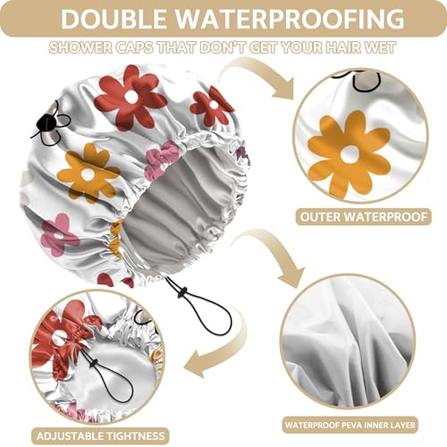 Shower Cap Adjustable Waterproof Double Layer Elastic Reusable Hair Bath Cap Cute Aesthetic for Women Girls-Floral Flower - color: R13-Floral Flower