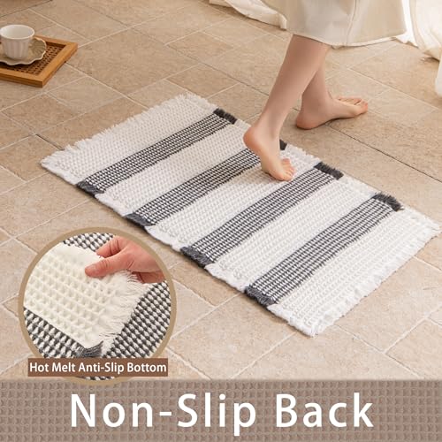 Waffle Bath Mat Non Slip, Boho Bathroom Rug, Super Absorbent Quick Dry Bathroom Mat, Soft Farmhouse Bath Rug with Tassels, Small Washable Shower Mats for Floor 20"x32", White and Grey - color: Grey and White, size: 1'8" x 2'8" (Rectangular)