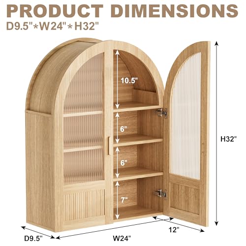 INNOD 4-Tier Arched Bathroom Wall Cabinet with Adjustable Wood Shelves, Over the Toilet Storage Cabinet with Acrylic Doors, Medicine Cabinet for Laundry Room & Living Room Kitchen (Natural Oak)