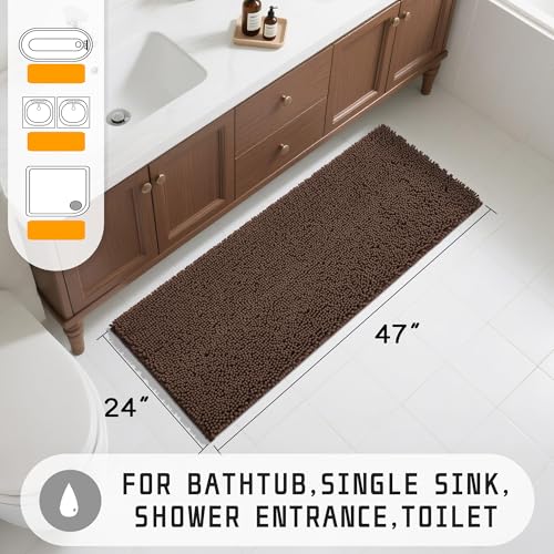 Yimobra Long Bathroom Rugs 47"x24", Extra Soft Non Slip Bath Mat for Tub, Super Absorbent Quick Dry Shaggy Rug Floor Carpet, Machine Washable,Brown - color: Brown, size: 47" X 24"