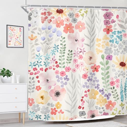 Riyidecor Colorful Cute Floral Shower Curtain for Bathroom Decor 60Wx72H Watercolor Flower Plants Botanical Kids Funny Multicolor Art Printed Fabric Polyester Waterproof 12 Pack Plastic Hook - color: A-pink, size: 60"W x 72"L (Pack of 1)