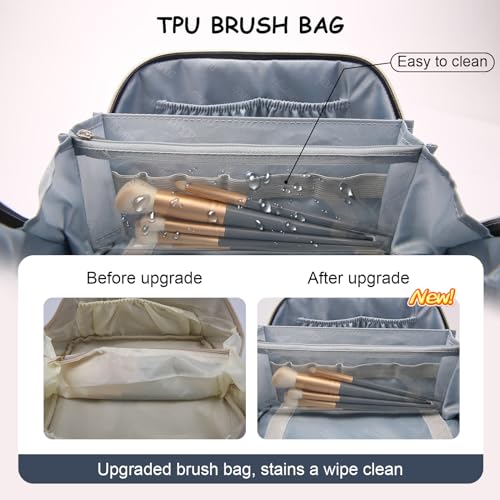 BOYATU Travel Makeup Bags Cosmetic Organizer Bag: 3-Set Large Capacity Make up Bag - PU Leather Toiletry Bags for Women - Wide Open Portable Pouch with Divider & Handle (02-Dark Blue) - color: 02-Dark Blue