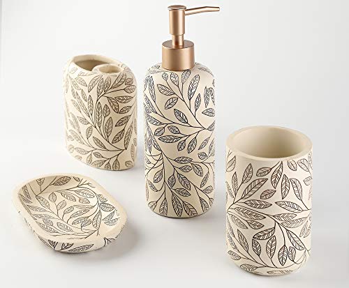 Hymmah Bathroom Accessories Set,Toothbrush Holder,Farmhouse Bathroom Decor,4 Pcs Resin Gift Set Apartment Necessities, Contain Toothbrush Cup,Soap Dispenser,Soap Dish,Tumbler - color: Leaf Grey Yellow