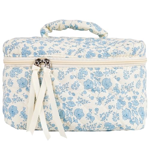 Sminra Makeup Bag Large Travel Quilted Cosmetic Makeup Bag Organizer, Floral Cotton Coquette Aesthetic Toiletry Bag for Women Girls (Blue Floral-L) - color: Blue Floral-L