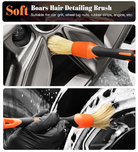 YeewayVeh 3PCS Quick Car Wheel Brush Kit, 2-Size 360° Bendale Rim Cleaner Brushes, Boars Hair Detailing Brush, Fast Scratch-Free Cleaning for Car Wheels, Motorcycle, Orange - color: Orange, size: 3 Pack