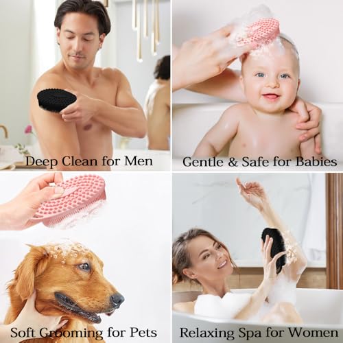 2 Pack Silicone Body Scrubber with Loofah Exfoliating Soft Body Shower Scrubber for Skin, 2 in 1 Bath and Shampoo Wash Brush for Skin Exfoliation Men Women (Black&Pink) - size: Black&Pink
