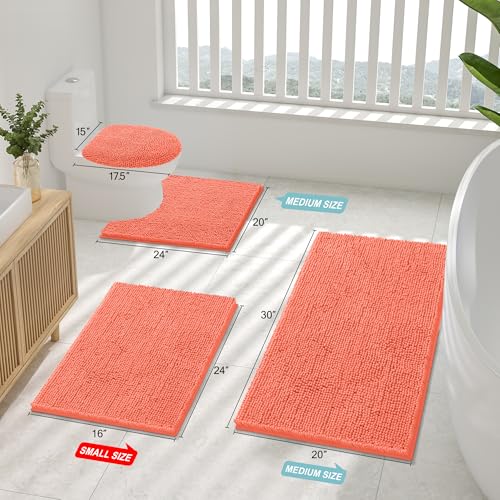 Smiry Luxury Chenille Toilet Rugs U-Shaped 20x20, Soft Absorbent Non-Slip Contour Bathroom Rugs for Toilet, Machine Washable Contoured Bath Mats, Coral - color: Coral, size: 20" X 20" Contour Rug