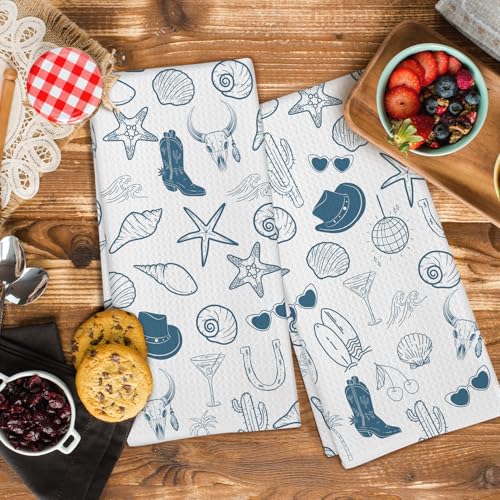 Coastal Cowgirl Kitchen Towels Set of 2, Blue Western Cowboy Boots Seashell Dish Tea Towels for Kitchen, Preppy Beach Summer Hand Towel for Bathroom, Coastal Western Gifts, 16x24 Inch - color: Coastal Cowgirl