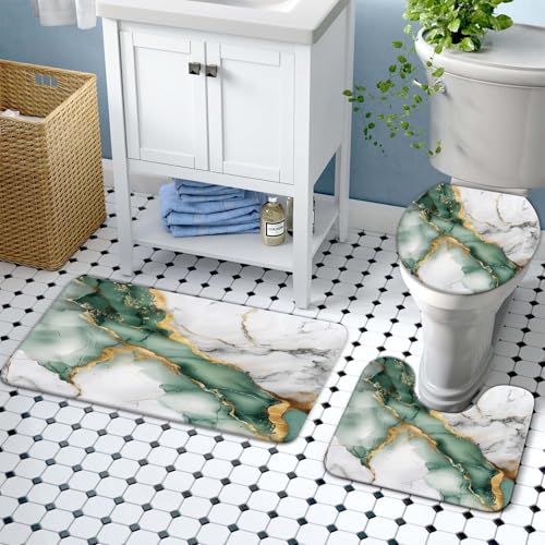 Lnond 4Pcs Bathroom Sets with Shower Curtain and Rugs, Marble Bathroom Shower Curtain Sets, Green Grey Gold Modern Art Bathroom Sets with Rugs and Accessories - color: Green Grey Gold Marble