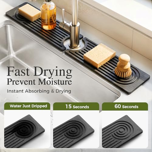 2 Pack Stone Faucet Mat for Kitchen Sink, Absorbing Drying Stone Mat Prevent Moisture, Sink Splash Guard Water,Natural Diatomite Stone Tray for Bathroom Counter 23.6*3.9inch (White+Grey) - color: White+Grey