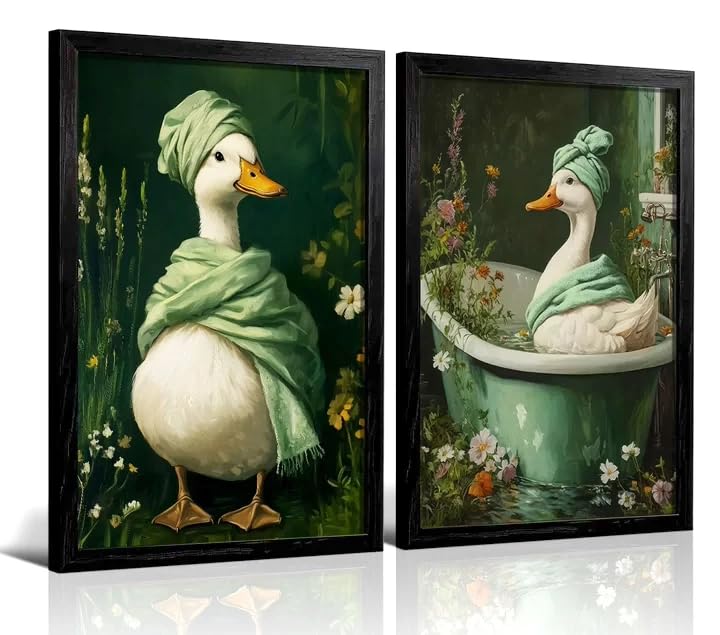 RUMSICH 2pcs Set Of Black Framed Duck Wall Art Canvas Paintings Cute Farmhouse-Style Bathroom Wall Decor Retro Green Spa Animal Artwork Suitable For Bathrooms Bedrooms And Laundry Rooms 12x16 Inch - color: Black-framed Duck, size: 16"L x 12"W