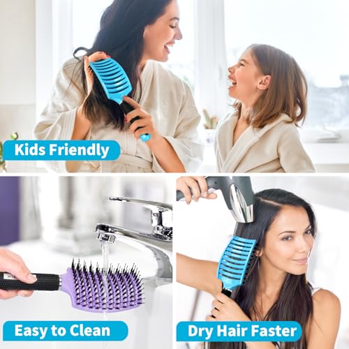 Boar Bristle Hair Brush Set of 2, HIPPIH Wet & Dry Hair Brushes Made by Fine Natural Boar Hair Can Adds Shine and Smoothing, Detangling Hairbrush for Women, Men & Kids' Long Curly Thick Hair - color: Mint Blue & Pink