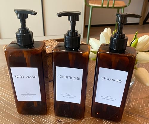 Shampoo and Conditioner Dispenser Set, 6PCS Refillable Shampoo and Conditioner Bottles with Labels, 500ml Soap Dispenser 16.9oz Shower Dispenser Square Pump Bottle for Bathroom and Kitchen - Amber - color: Amber - 6pack 16.9oz