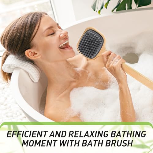 NURENDER 16.92'' Double-Sided Back Scrubber for Shower, Silicone Back Bath Brush Ideal for Sensitive Skin, Exfoliating, with Anti-Slip Bamboo Handle & Hanging Loop, Dry Body Brush for Men, Women - size: 16.92 Inch