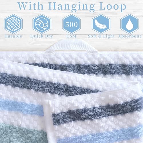 Waffle Towels for Bathroom-Quick Dry | Thick | Lightweight | 540GSM,Large Bath 30"x56", Hand 16"x27",Wash Cloths 13"x13",Cotton Polyester Blend Towels with Hanging Loops,Blue Gray Stripe and White - color: Blue-gray and White, size: 3 PC Bathroom Towel Se