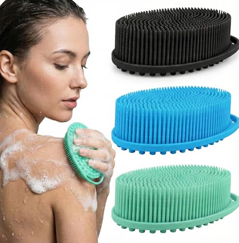 3-Pack Silicone Shower Scrubber for Body – Dual-Sided Loofah Brush with Ergonomic Handle, Fast-Drying Exfoliator – Black, Blue, Green - size: 3Pack-Black Blue Green