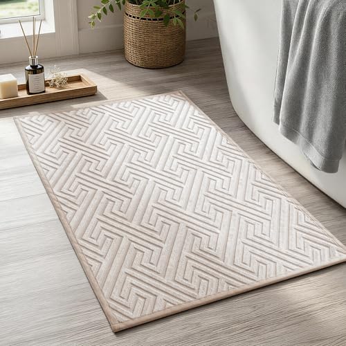 YIHOUSE Beige Bathroom Rugs 17"x24", Quick Dry Non Slip Bath Rug, Absorbent Machine Washable Thin Bath Mat for Restroom Floor Tub Laundry Room Home Decor - color: Beige, size: 1'5" x 2' (Rectangular)