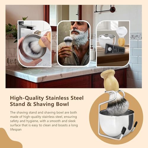 Kikc 5 in 1 Shaving Kit, Shaving Brush Kit for Men,Set Include Synthetic Shave Brush, Stainless Lathering Bowl, Shave Brush Stand, Shaving Cream, Shave Manual, Best Gift for Bearded Man,Silvery Set - color: Stainless set