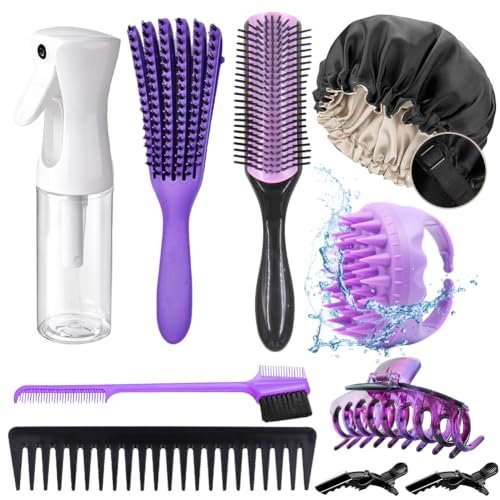 10Pcs Natural Hair Detangling Brush Set with Sleep Bonnet for Curly, Afro, African Black 3a to 4c Hair - Faster Detangling on Wash Days - color: Purple-10 piece set