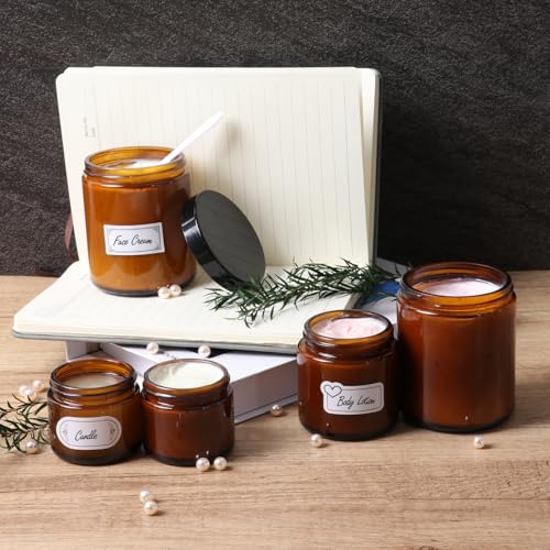 4oz Airtight Glass Jars with Lids, 3 Pack Amber Empty Small Cosmetic jars | Small Cosmetic Containers with Inner Liners, Leak-Proof Travel Jars for Lotions, Scrubs, and Candle Making, Labels & Spatulas - color: Amber-4oz-3pcs