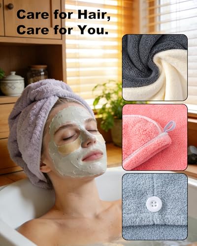 Lumimi Microfiber Hair Towel Wrap 4 Pack - Gym & Shower & Travel Quick Dry Turban, Secure Button Closure for Active Women, Anti-Slip Design for Thick/Curly Hair, Compact 25x65cm (4-Piece Set) - color: Pink+grey+darkgray+cream