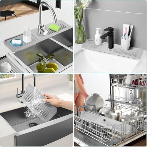 Faucet Mat For Kitchen Sink Silicone Splash Guard Mat, Snap On Cuttable Hole Design, Foldable Back Of Sink Water Guard, Large Counter Protector For Modern Kitchens(Black,17.5"x5.5") - color: Black, size: 17.5" x 5.5"