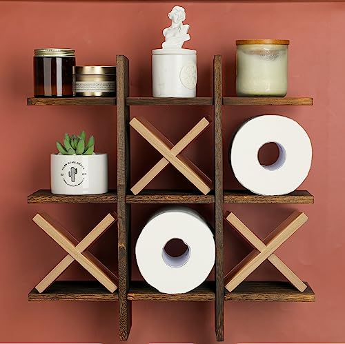 Weysat Tic Tac Toe Toilet Paper Holder Stand Bathroom Wall Decor Rustic Wooden Hanging Storage Freestanding Wall Mounted Shelves Decor for Toilet Tissue Farmhouse - color: Wood Color, Brown