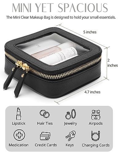 Mini Clear Black Makeup Bag - Cute Square Cosmetic Pouch for Travel with Zipper - For Women & Girls - color: Black, style: Mini Chic