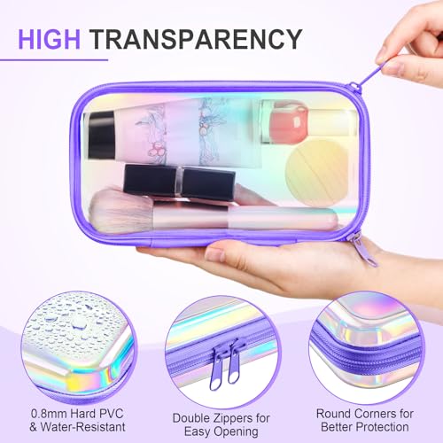 Hoolerry 4 Pcs Hard Clear Zipper Case Makeup Bags Plastic Zipper Pouch Transparent Storage Box Containers for Cosmetics, Snacks, Building Blocks, Puzzles(Clear,7.5 x 3.9 x 2 in,Purple Laser) - color: Purple Laser, size: 7.5 x 3.9 x 2 in