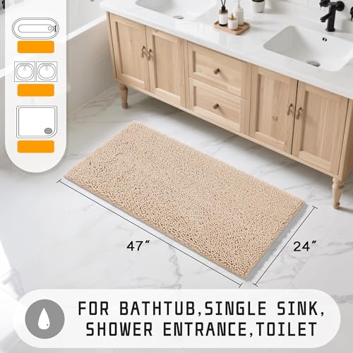Yimobra Long Bathroom Rugs 47"x24", Extra Soft Non Slip Bath Mat for Tub, Super Absorbent Quick Dry Shaggy Rug Floor Carpet, Machine Washable,Beige - color: Beige, size: 47" X 24"