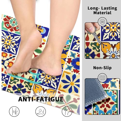 Colorful Rugs for Kitchen Floor 2 Pcs Boho Ceramic Washable Runner Rug Non Slip 17"x47"+17"x30", Mexican Tile Print Comfort Kitchen Floor Mat for Bathroom Laundry Office Decor - color: Colorful Ceramic