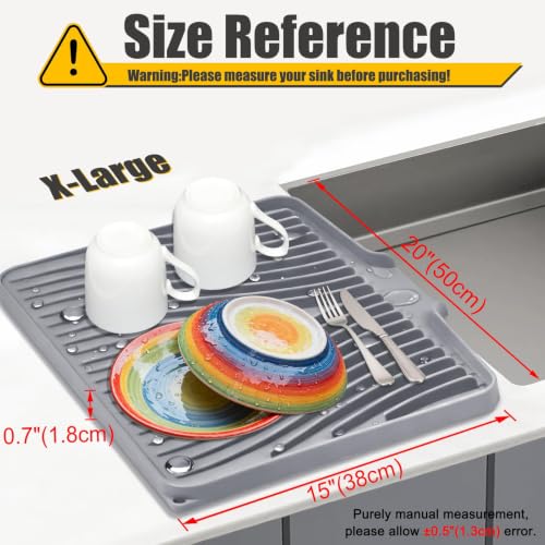 TIKNIK Silicone Dish Drying Mat for Kitchen Counter - Heat Resistant & Non-Slip Dish Drain Pad with Built-In Drain, Dishwasher Safe, Quick-Dry, Hangable & Roll-Up for Storage, Grey-1pcs, 20" x 15" - size: 20" x 15"