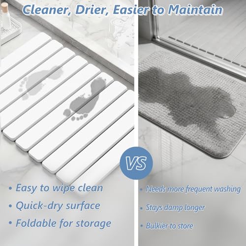 AWW Foldable Stone Bath Mat, Diatomaceous, 23.6"x15.5", White | Quick-dry surface, super absorbent design, easy-clean finish, non-slip mat included, and compact storage for small bathrooms - color: White, size: 23.6" x 15.5"