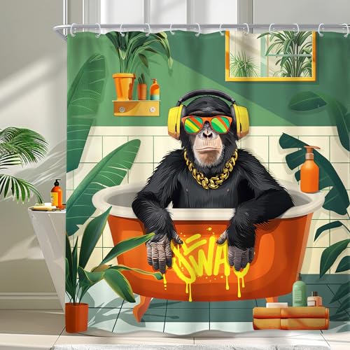 Newsely Funny Monkey Shower Curtain 72Wx72H Inch Tropical Palm Leaves Animal Bathing in Bathtub Modern Cool Shower Curtain Bathroom Set for Boys Men Waterproof Bath Decoration Accessories Home Decor - color: L-monkey, size: 72"W x 72"L (Pack of 1)