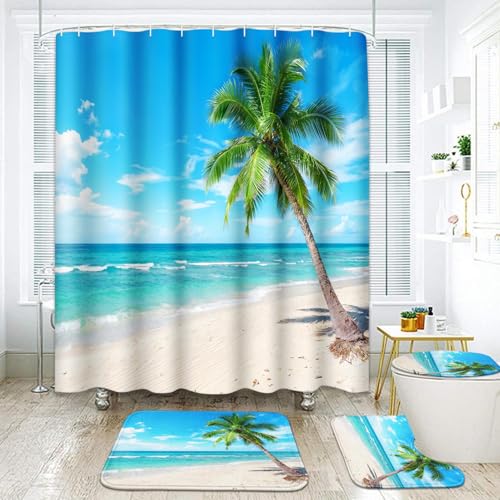 ArtSocket Beautiful Beach Bathroom Set with Shower Curtain and Rugs Accessories, Coconut Palm Paradise Summer Island Tropical Tropical Shower Curtain for Bathroom Decor 4 Pcs - color: Landscape Sand Blue Sea