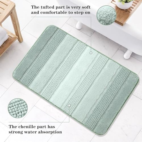 Kmson 3 Pcs Ombre Chenille Bathroom Rugs Set, Non-Slip Ultra Soft Washable Shaggy Bath Rugs for Bathtub, Thick Water Absorbent Microfiber Shower Mat Green - color: Light Green Rug, size: 17" x 24" + 20" x 32" + U Shape 24" x 20"