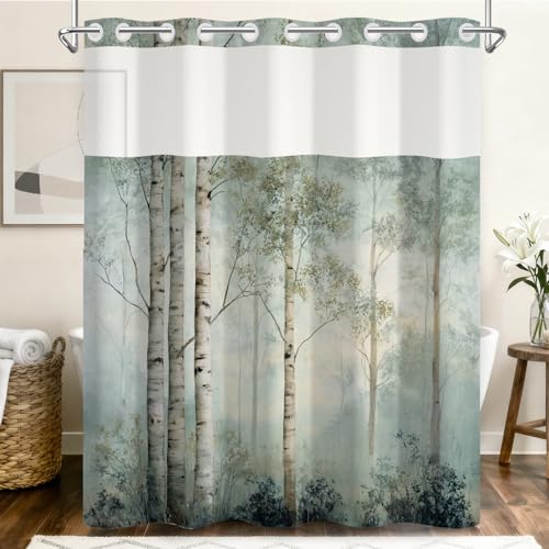 No Hook Shower Curtain and Liner Set, Watercolor Birch Tree Forest Print Shower Curtains for Modern Farmhouse Spa Bathroom, Misty Woodland Bath Curtain with Mesh Top, 71x74 Inch - color: Birch Trees