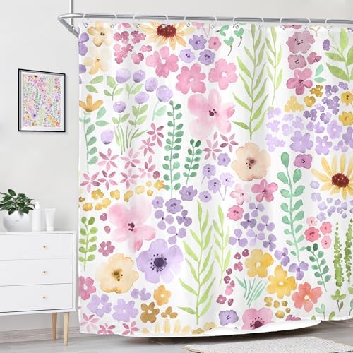 Riyidecor Pink Purple Cute Floral Shower Curtain for Bathroom Decor 72Wx72H Boho Spring Kids Girls Wildflower Watercolor Plant Botanical Art Printed Fabric Polyester Waterproof 12 Pack Plastic Hooks - color: B-purple, size: 72"W x 72"L (Pack of 1)