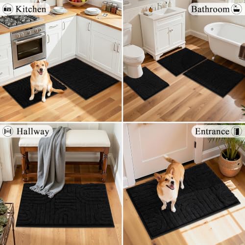 Vaukki Bathroom Rugs Sets 3 Piece, Black Washable Non Slip Soft Bath Mats for Shower and Tub, Plush Absorbent Microfiber Toilet Rug U Shaped, 32x20+26x18+24x20 Inch - color: Black, size: 18''x26''+20''x32''+20''x24''