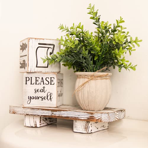 Liswit Farmhouse Funny Bathroom Decor Signs, 3 Wooden Blocks with Plant & Tray, Rustic Decoration for Bathroom Countertop