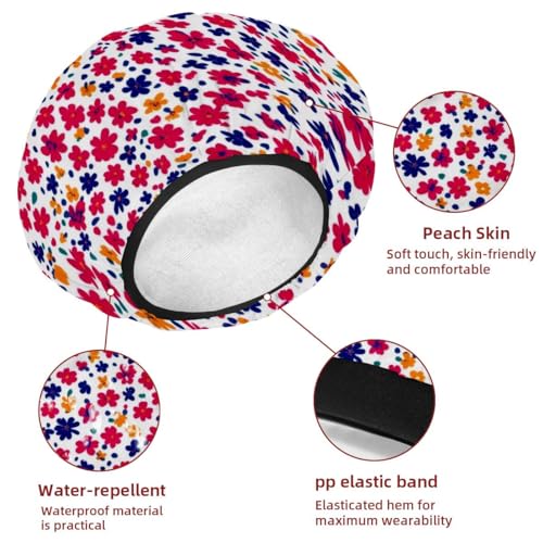 2 Packs Floral Pattern Shower Caps, Waterproof Reusable Bath Caps for Women, Large Shower Hat with Hair Ties Set for Long Thick Hair