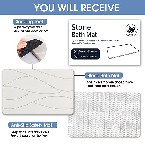 Veeloim Stone Bath Mat Diatomaceous Earth Shower Mat Non-Slip Super Absorbent Diatomite Stone Bath Mats for Bathroom Floor Quick Drying Natural Easy to Clean(23.6''×15.4" White) - color: Line1-white