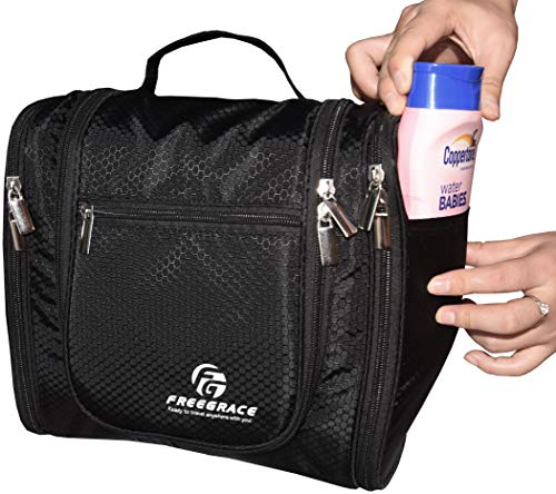 Freegrace Extra Large Hanging Toiletry Bag for Men and Women - Water-Resistant Nylon Travel Bathroom Organizer for Cosmetics, Makeup, and Toiletries - color: Black