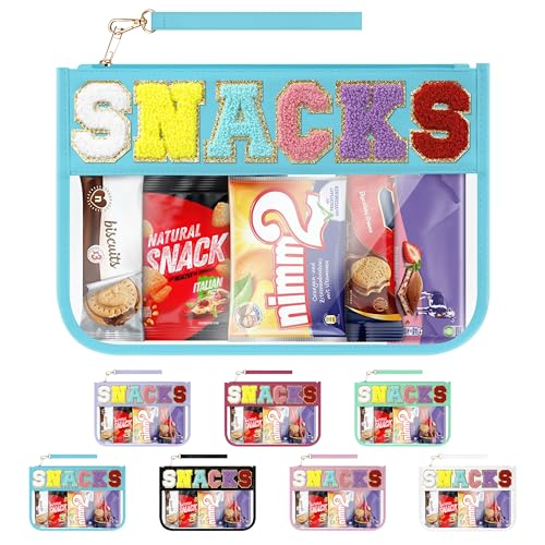 Snack Bag for Travel & Makeup - Clear Chenille Letter Zipper Pouch, Waterproof Cosmetic Tote Bag for Women & Girls (Blue) - color: Blue