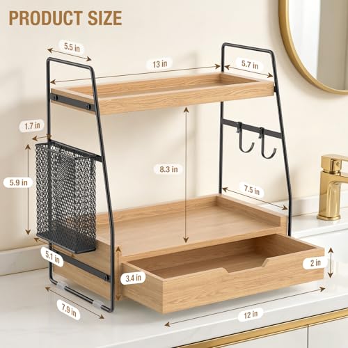2-Tier Bathroom Counter Organizer with Drawer and Removable Basket, Wood Vanity Countertop Storage for Perfume, Makeup, Skincare, Bathroom Counter Shelf, 13" x 7.9" x 14.5", Light Brown - color: Light Brown